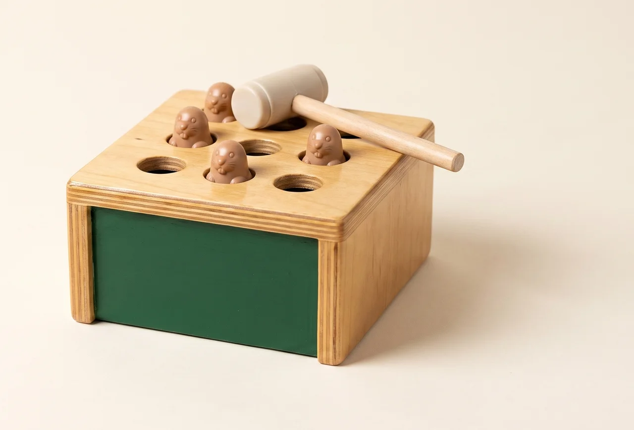 A wooden mole-popping cabinet with five moles up at once and the mallet lying abandoned across the deck.