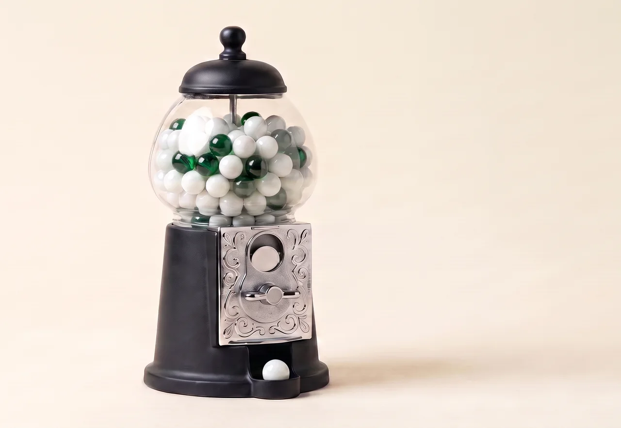 A classic carousel gumball machine, its globe a mix of white and green marbles, with one white marble emerging from the delivery opening at the base.