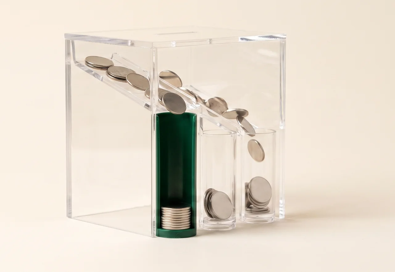 A transparent coin-sorting bank: discs of several different sizes roll down a slanted track and each one drops through the slot that fits it, so every tube below holds one size.
