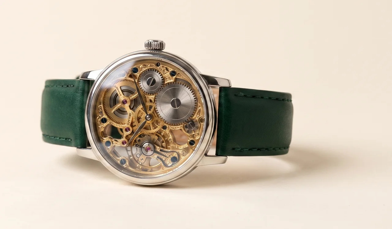 A skeleton wristwatch with an open dial, every gear, the escapement and the mainspring plainly visible through the crystal.