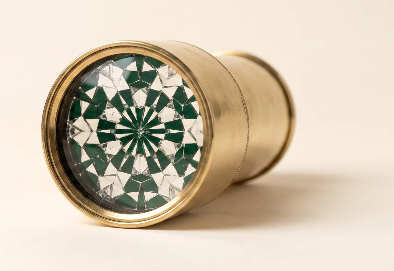The view down a brass kaleidoscope: loose fragments of green and clear glass resolved into one symmetrical pattern.