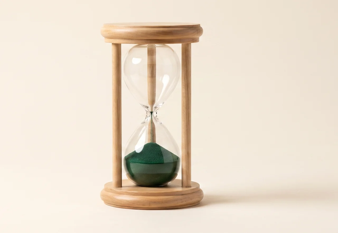 An hourglass with all of its green sand run through into the lower bulb, the upper bulb empty and the neck no longer flowing.