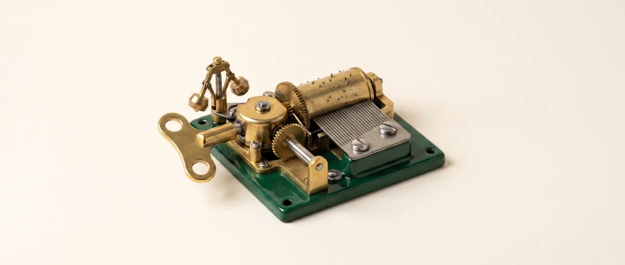 The bare movement of a music box on a green enamelled base: a pinned brass cylinder against a steel comb, a winding key, and a small spinning governor holding the tempo.