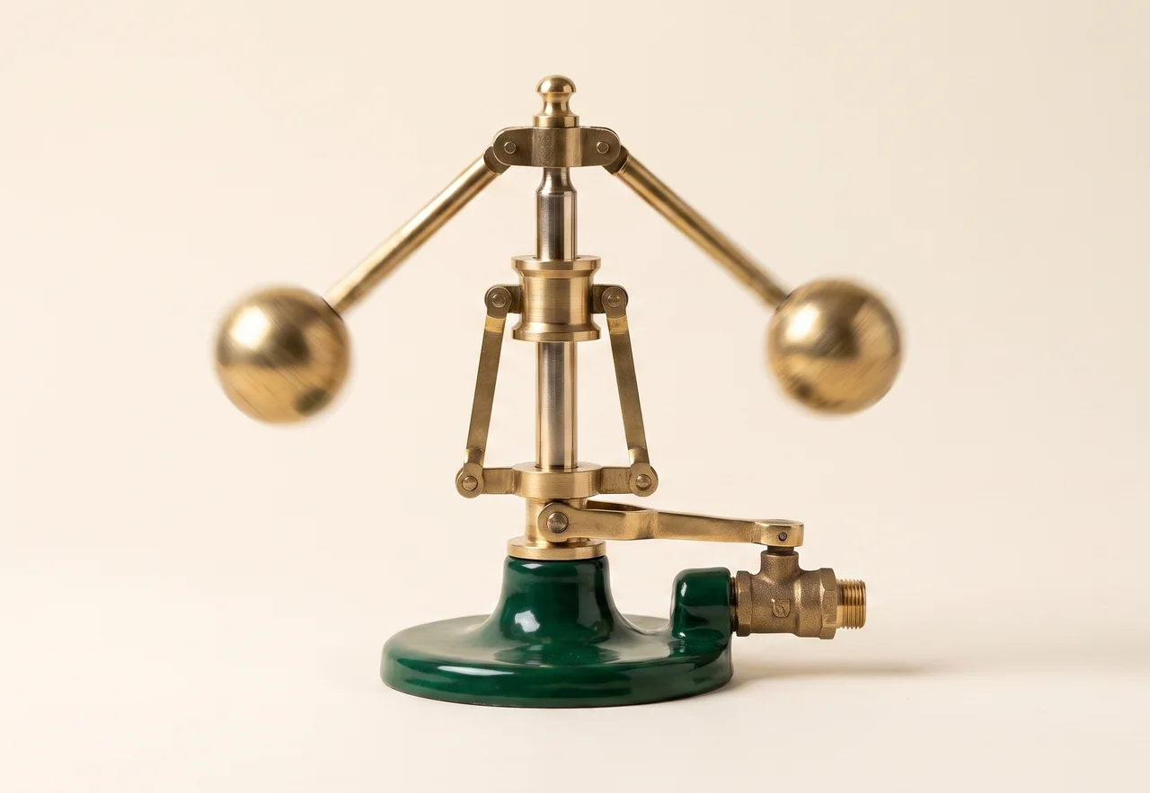 A brass centrifugal flyball governor spinning fast, its two heavy balls flung outward and raised, lifting the sliding collar that works the throttle lever.