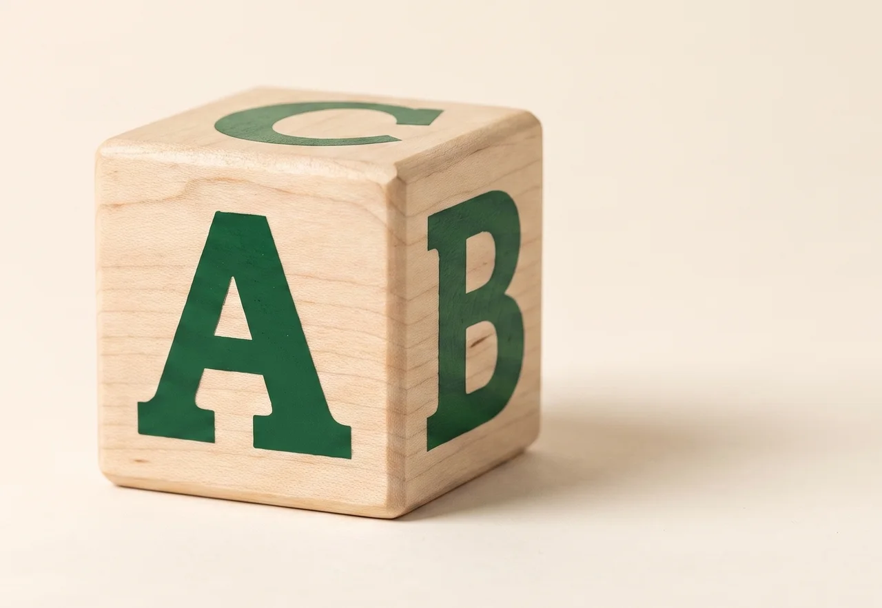 A wooden alphabet block in pale maple, its three visible faces lettered A, B and C in deep green.