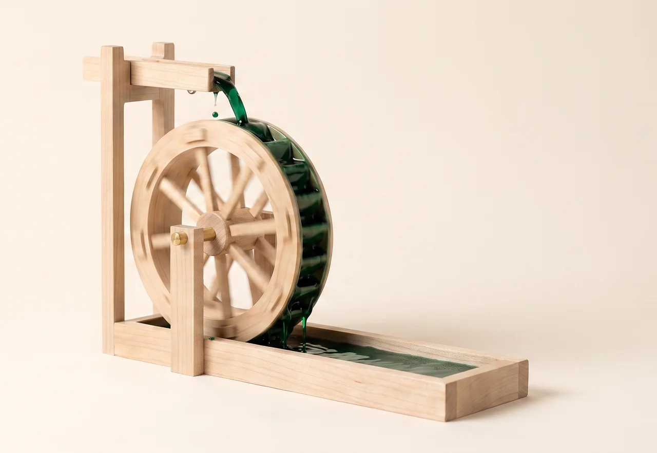 A model overshot water wheel: green water falls from a raised spout onto the buckets at the crown, the loaded flank descends and turns the wheel, and every drop is caught in a maple tailrace and carried away.
